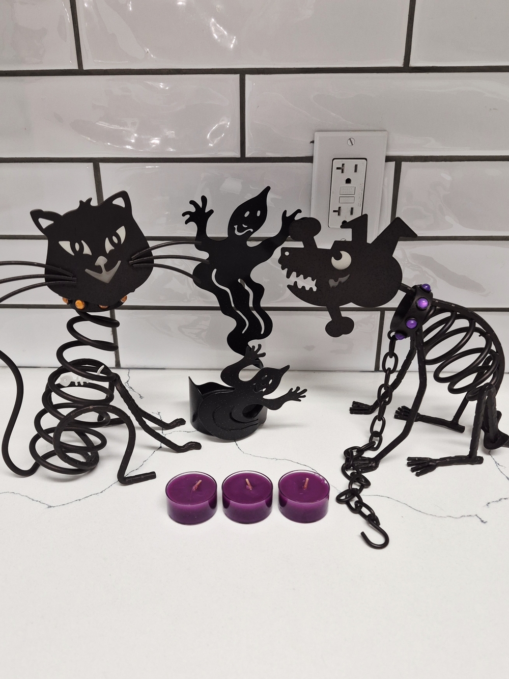 PartyLite Black Halloween Metal Tabletop Decorations with Purple Tealights